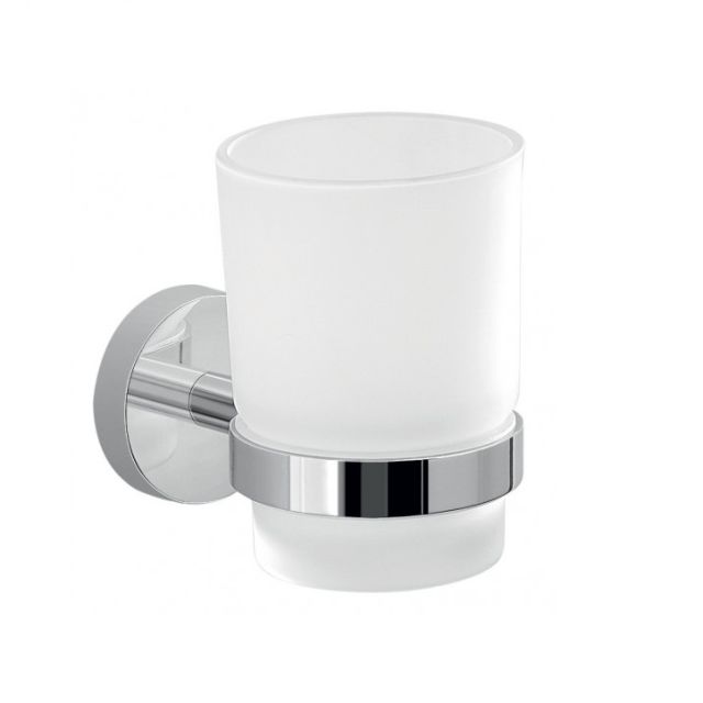 Portacepillos de metal cromado con vaso de vidrio Portacepillos de metal cromado con vaso de vidrio