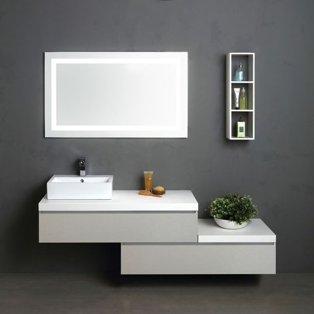 Mueble de baño de 180 cm con cajones gris perla y encimera blanca