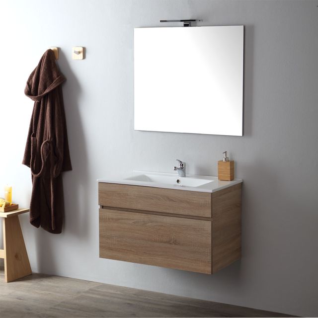 Mueble de baño de pared en roble y con un solo compartimiento, lavabo, espejo (sin lámpara)