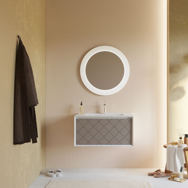 Mobile bagno grigio frassinato con specchio rotondo