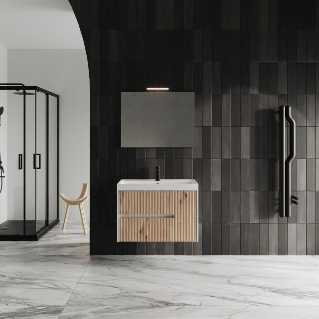 Mueble de baño de 80 cm en blanco con frente de roble trenzado