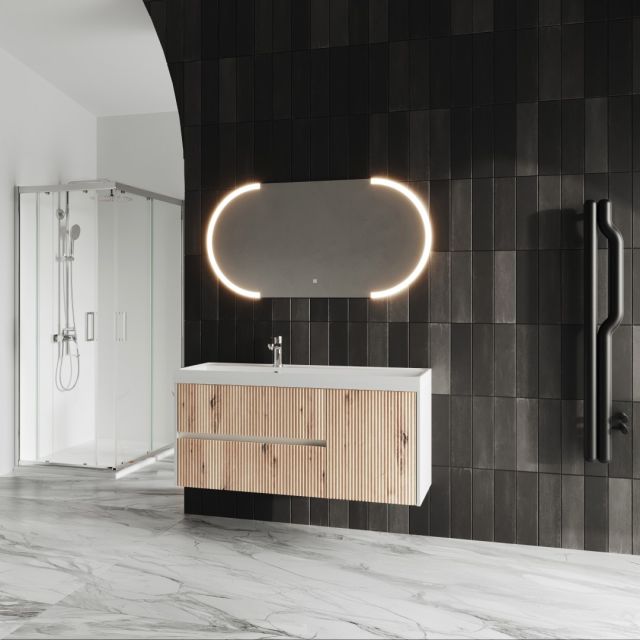 Mueble de baño de 120 cm en roble dorado con detalle de entramado y espejo LED