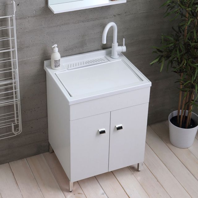 Mueble bajo para lavadero de 60 cm con dos puertas completo con balda lacada en blanco