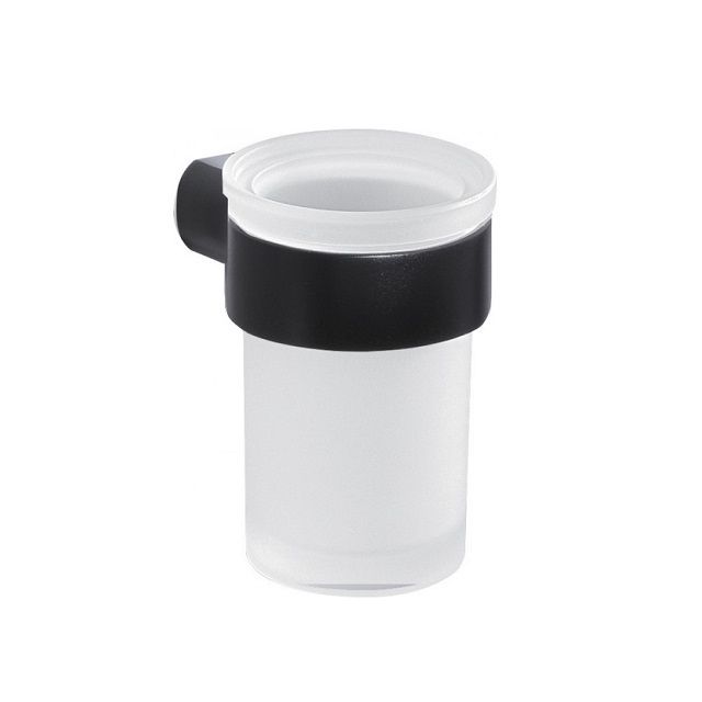 Portacepillos Palazzo: vaso de vidrio satinado y soportes en negro mate Portacepillos Palazzo: vaso de vidrio satinado y soportes en negro mate