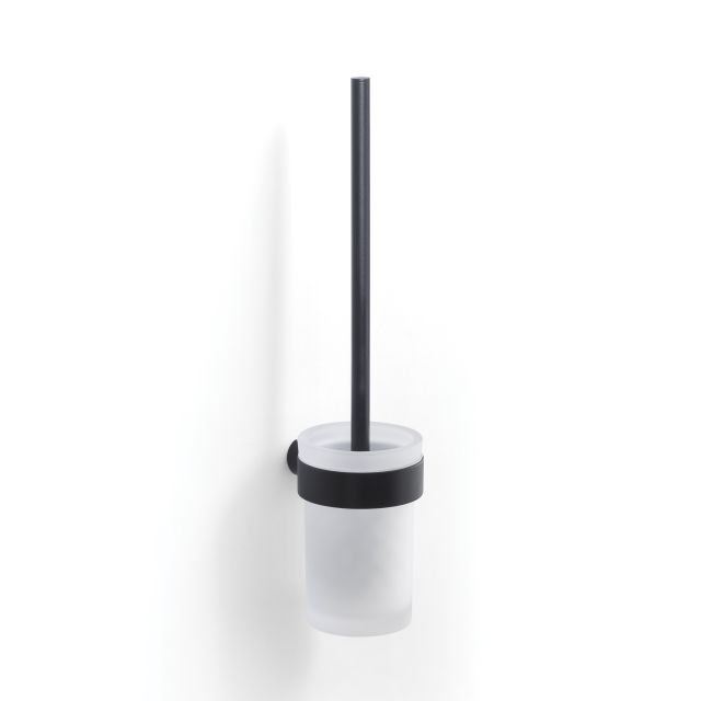 Soporte para cepillo de inodoro de la serie Palazzo con soportes negros y vaso de vidrio, montaje en la pared. Soporte para cepillo de inodoro de la serie Palazzo con soportes negros y vaso de vidrio, montaje en la pared.
