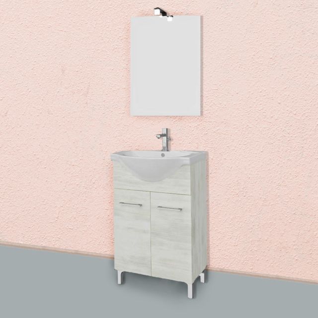 Mobile bagno a terra rovere bianco con specchio