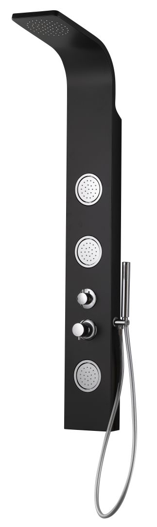 Columna de ducha equipada con hidromasaje, ducha manual y rociador incorporado, color negro