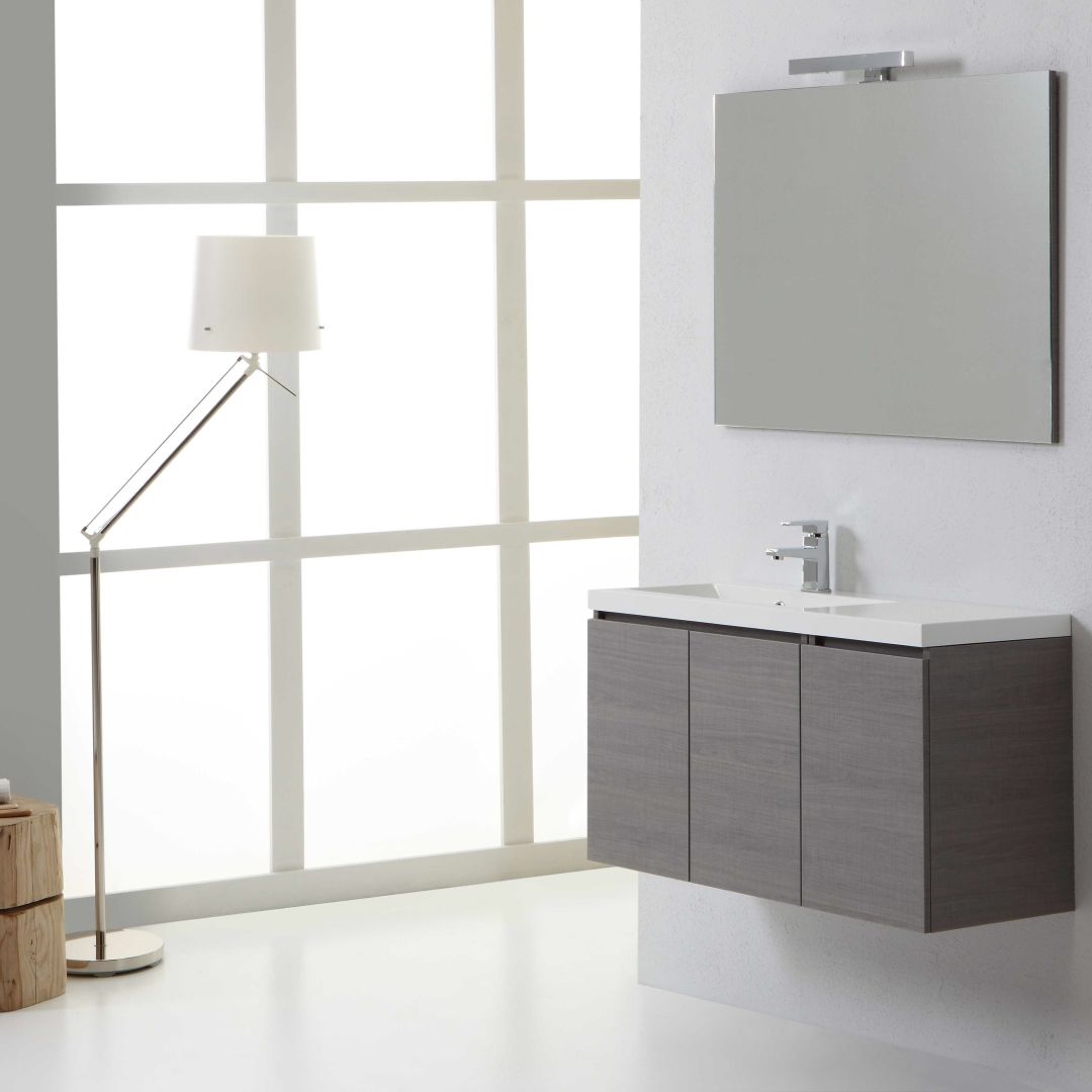 Mueble de baño de pared con lavabo gris para zurdos con tres puertas