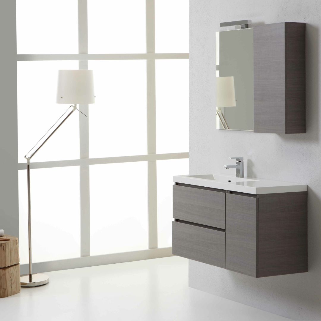 Mueble de baño Manhattan completo con base con compartimientos y puertas, lavabo, espejo, mueble de pared e iluminación