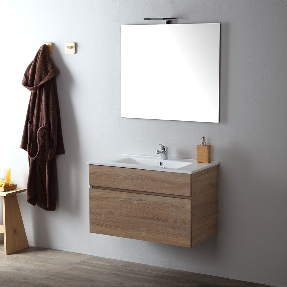 Mueble de baño de pared en roble y con un solo compartimiento, lavabo, espejo (sin lámpara)