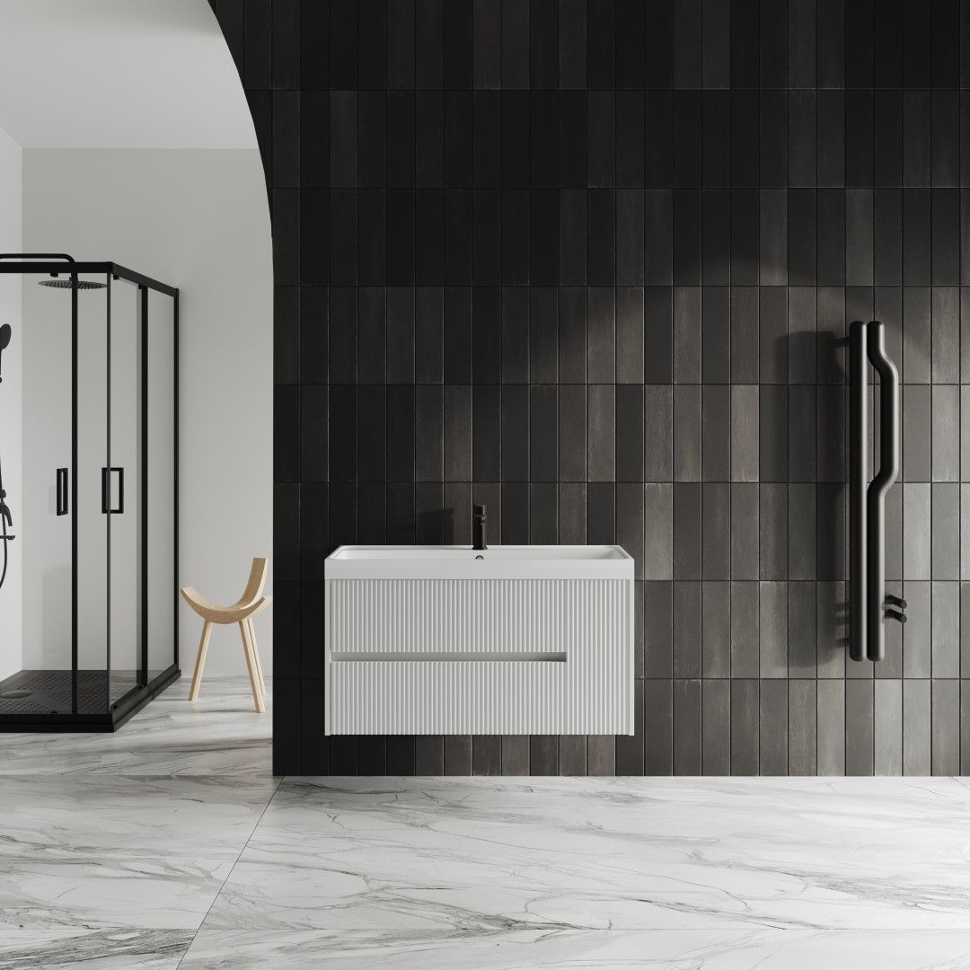 Mueble de baño suspendido de 100 cm en blanco mate con detalle de cañamazo