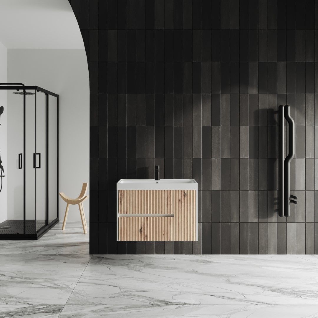 Mueble de baño con lavabo de resina, roble dorado con efecto canné