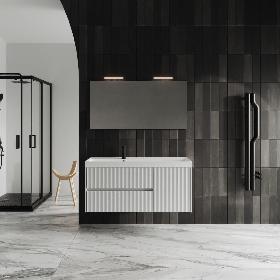 Mueble de baño de 120 cm en blanco opaco con detalles de entramado