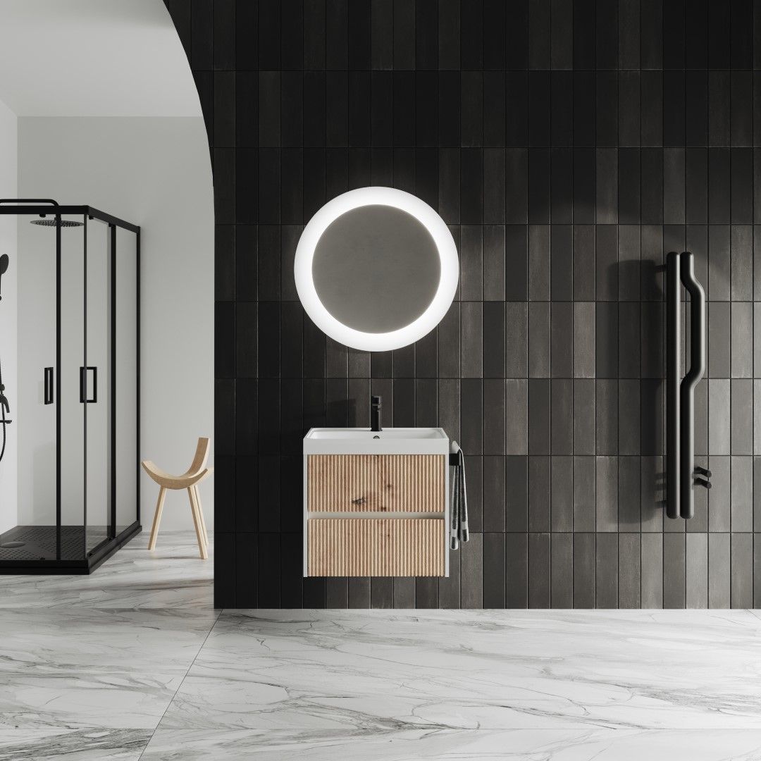 Mueble de baño de 60 cm en roble dorado con acabado en caneteado y espejo redondo