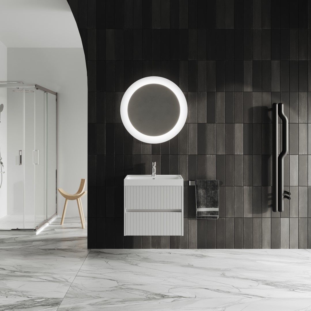 Mueble de baño suspendido de madera con acabado blanco mate y efecto canetado