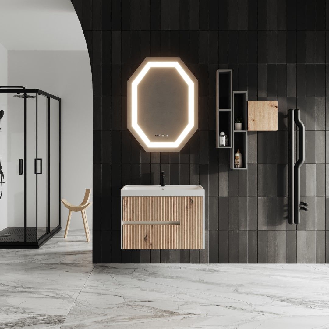 Mueble de baño de 80 cm en roble dorado con espejo octogonal