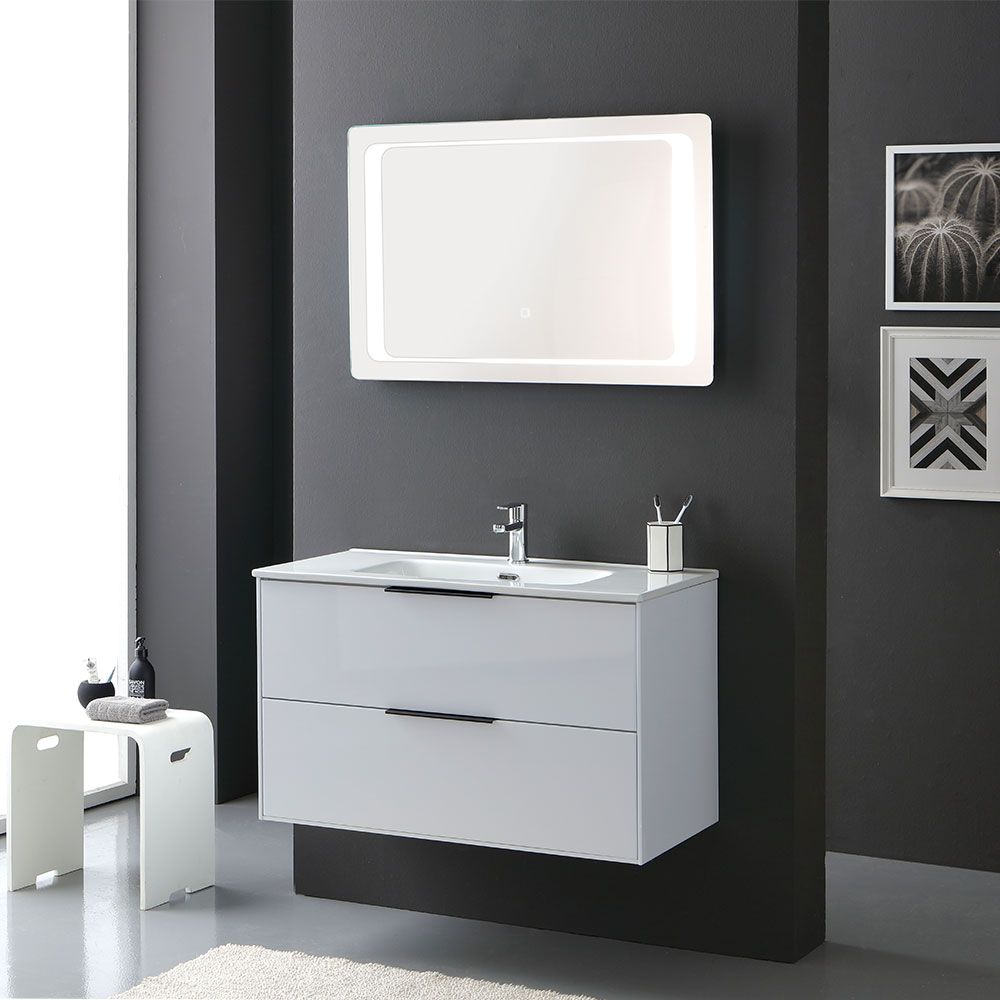 Mueble de baño blanco brillo con dos cajones, lavabo y espejo