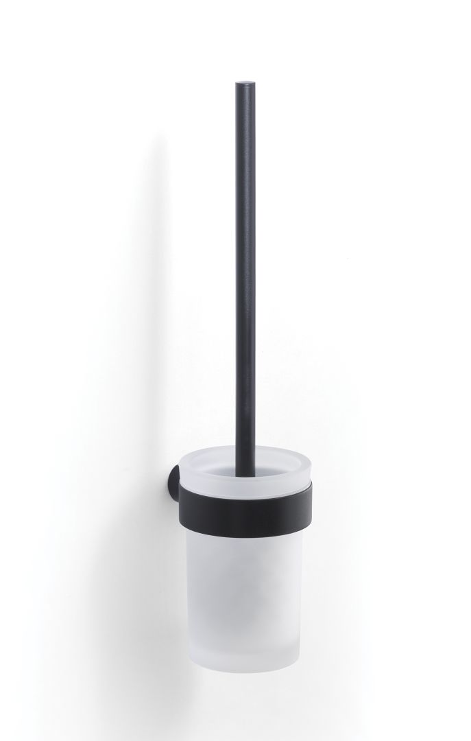 Soporte para cepillo de inodoro de la serie Palazzo con soportes negros y vaso de vidrio, montaje en la pared.