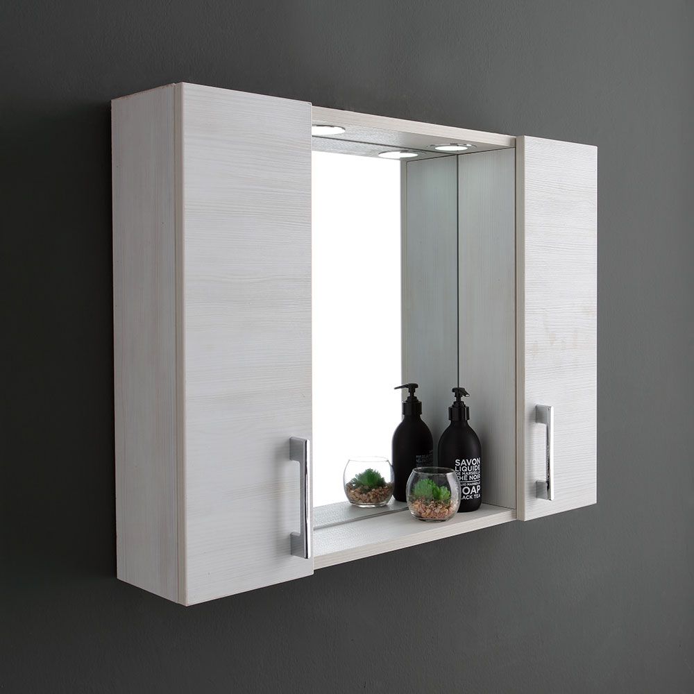 Specchio bagno contenitore con due pensili in rovere bianco