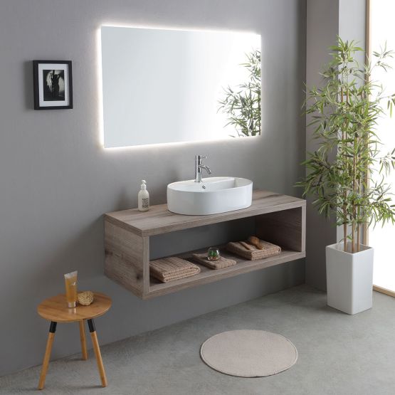 Mueble de baño suspendido de 120 cm en roble fósil con lavabo blanco y espejo con LED