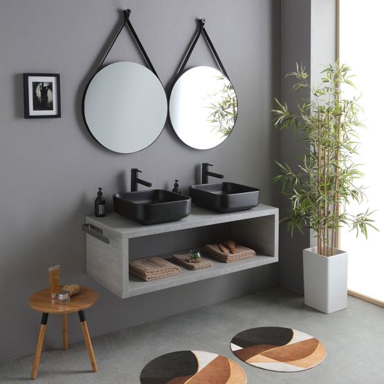 Mueble de baño de 120 cm en gris cemento con 2 lavabos negro mate y 2 espejos redondos