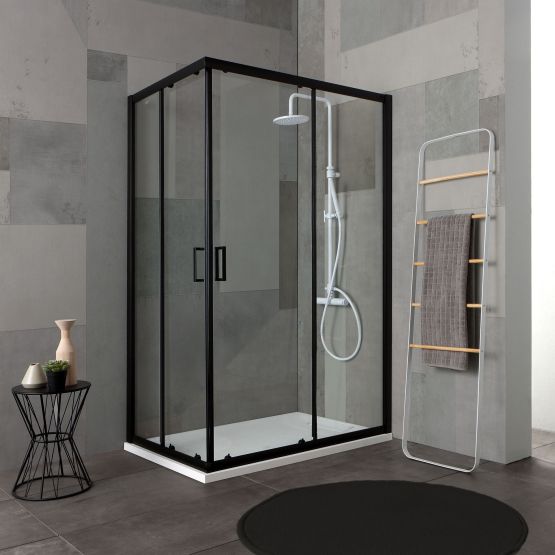 Cabina de ducha de esquina de ciudad con marco de tinte negro y abertura angular