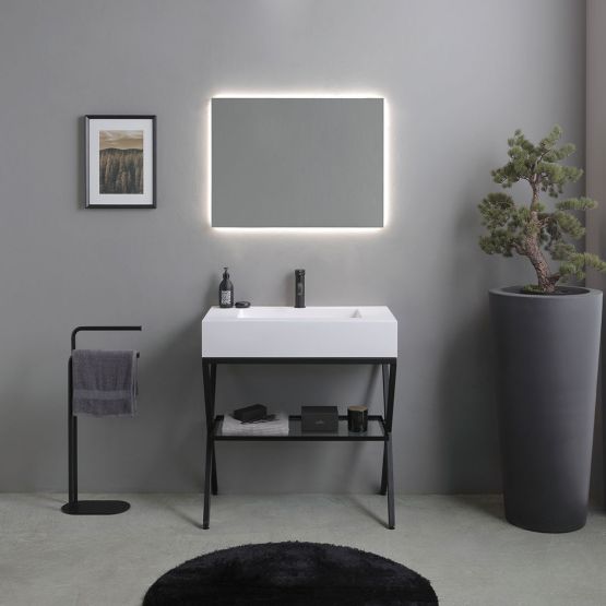 Mueble de baño de pie de 80 cm con soporte de metal negro, lavabo blanco y espejo LED