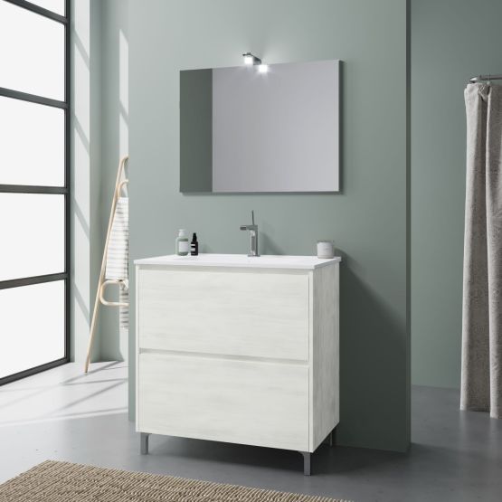 Mueble de baño al suelo con estructura lateral vista en blanco.