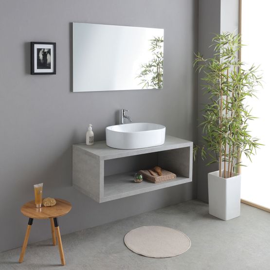 Mueble de baño suspendido en cemento con lavabo ovalado blanco de cerámica