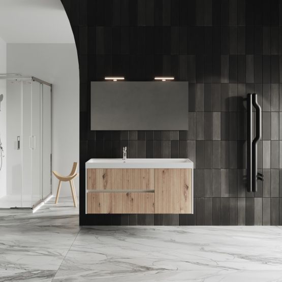 Mueble de baño suspendido de 120 cm en blanco con frente de roble dorado Mueble de baño suspendido de 120 cm en blanco con frente de roble dorado