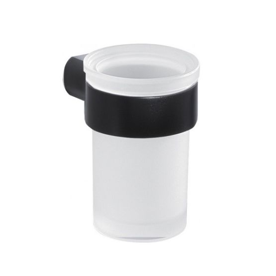 Portacepillos Palazzo: vaso de vidrio satinado y soportes en negro mate