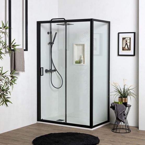 Puerta de ducha nicho 150 cm + lado fijo 80 cm con marco de aluminio negro mate