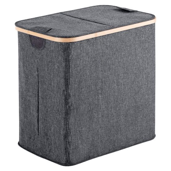 Cesto portabiancheria in poliestere grigio con bordo in bambu